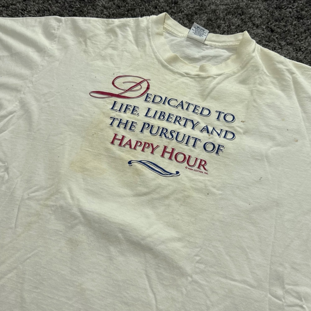 Vintage High Cotton Graphic T Shirt Mens White Fair Happy Hour Quote XL